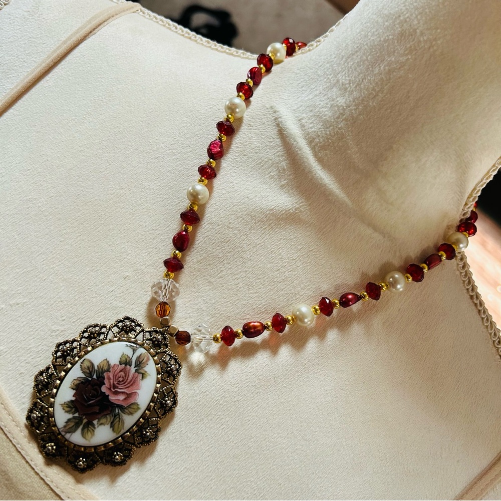 Handcrafted repurpose porcelain rose genuine pearl beaded necklace